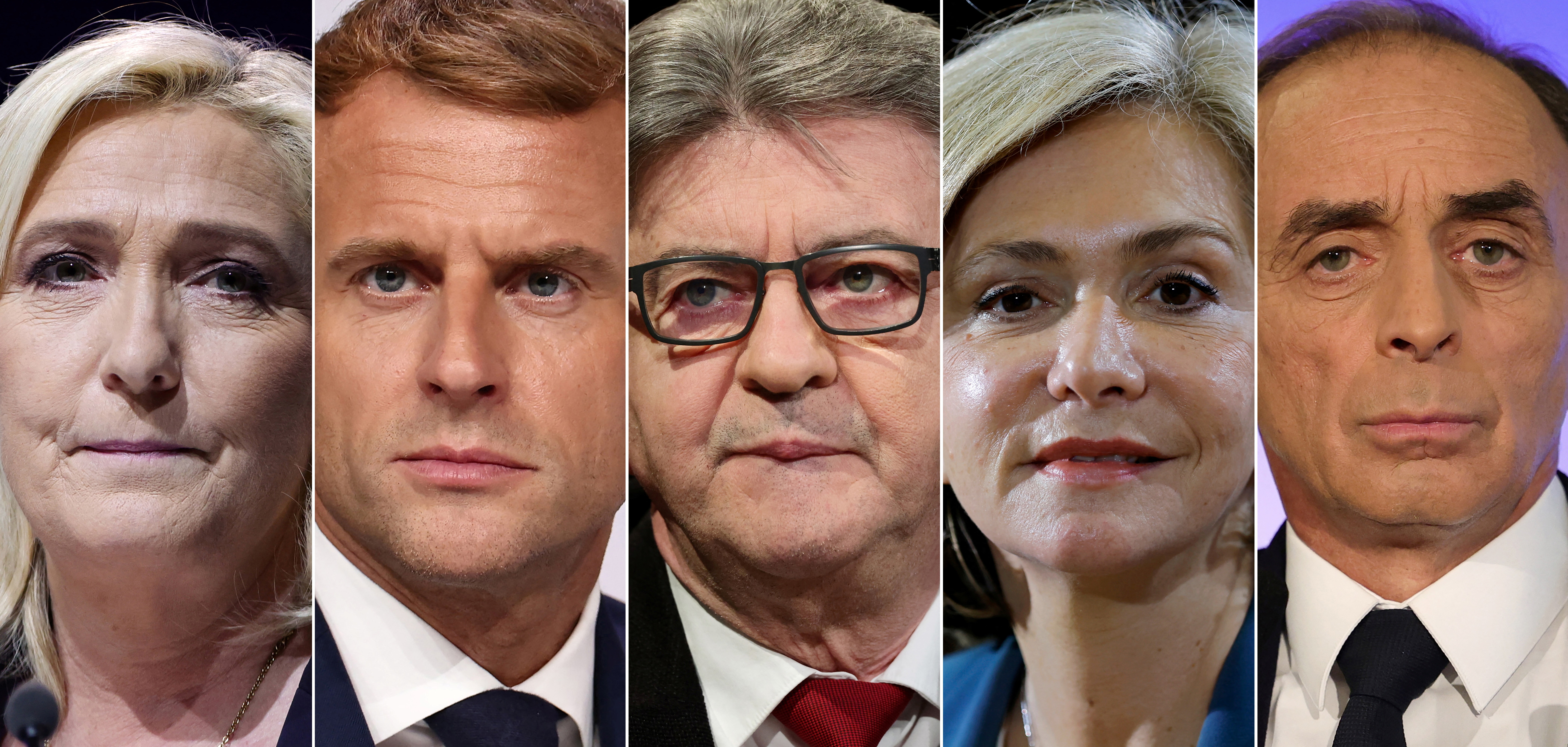 Marine Le Pen, Emmanuel Macron, Jean-Luc Mélenchon, Valerie Pecresse e Eric Zemmour